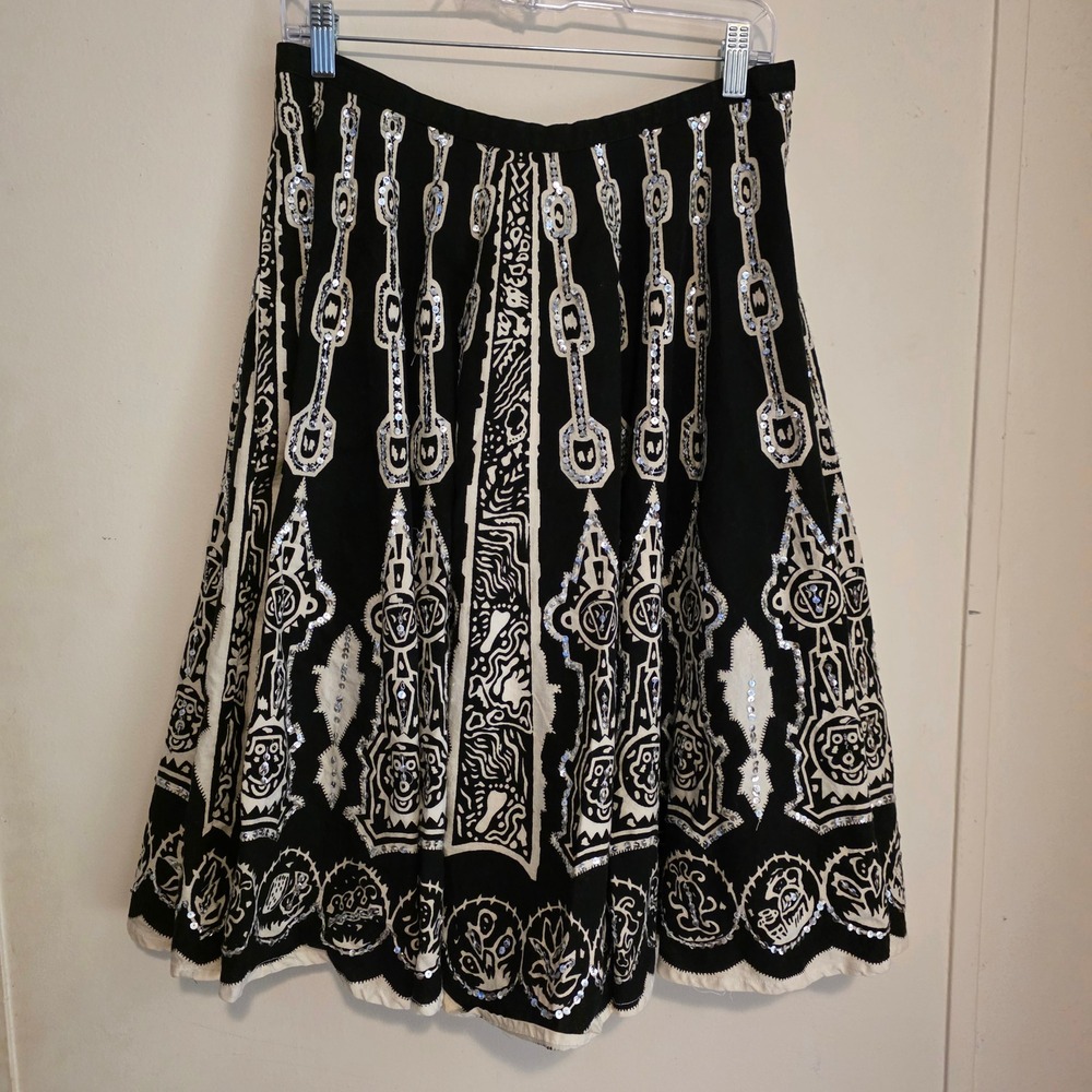 Boston Proper Womens Skirt Size 10 Black White Sequin Tribal Boho Midi Layered